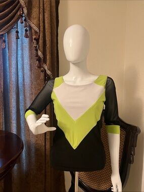 bebe Black, Lime Green and White Colorblock Long Sleeve Top